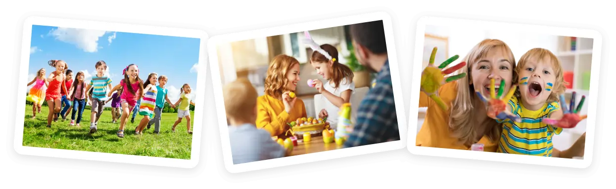 Three photos: children running outside on grass, two girls painting eggs indoors, and a woman with a young boy showing their painted hands and smiling at the camera.