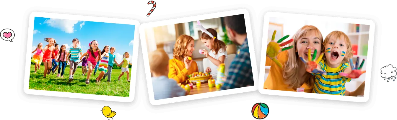 Three photos: children running outdoors on green grass; a group of kids at a birthday party with a woman, cake, and decorations; and a woman with two children showing their hands covered in colorful paint.