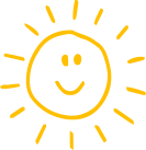 A simple yellow drawing of a sun with a smiling face, surrounded by short lines representing sun rays, on a transparent background.