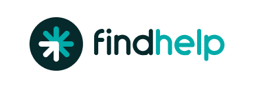 Logo for "findhelp" with a circular icon featuring teal and white arrows converging at the center, next to the word "findhelp" in black and teal text on a light gray background.