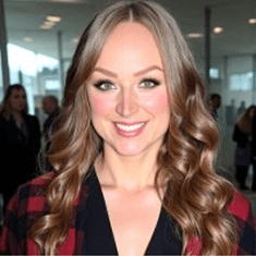 A woman with long, wavy light brown hair and bright makeup smiles at the camera. She is wearing a red plaid jacket over a dark top, with blurred people and windows in the background.