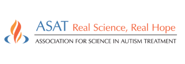 Logo for the Association for Science in Autism Treatment. It features an orange flame graphic and the text “ASAT Real Science, Real Hope” above a line, with the full organization name below.