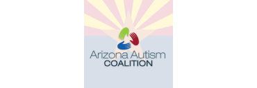 Logo for the Arizona Autism Coalition featuring three hands in green, blue, and red overlapping in a circle, with stylized sun rays in the background and the group’s name below.