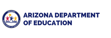 Arizona Department of Education logo with three stylized figures, a star, and an open book next to the words “Arizona Department of Education” in bold blue letters on a white background.