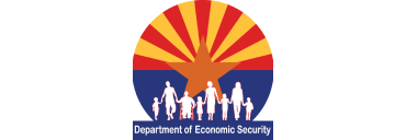 The logo features a stylized sunburst over mountains, silhouettes of adults and children holding hands, and the text "Department of Economic Security" below.