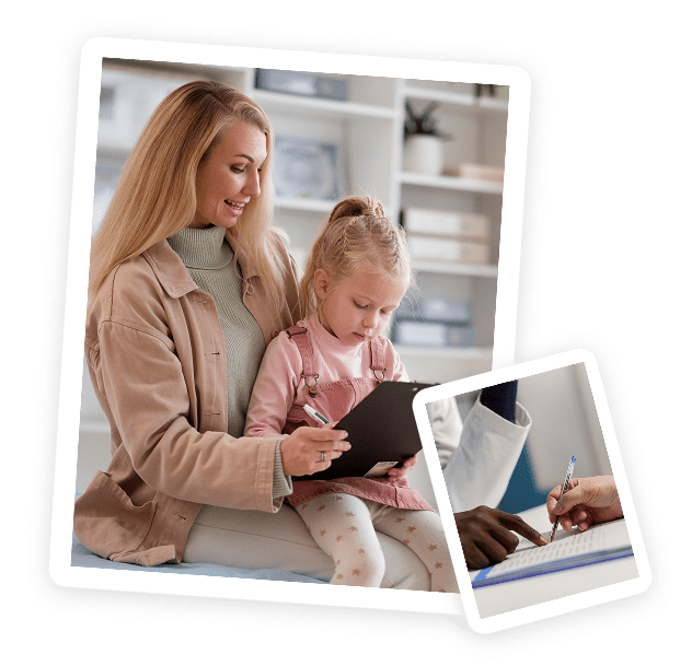 A woman smiles while holding a clipboard with a young girl on her lap; next to them, a close-up shows hands filling out a form with a pen.