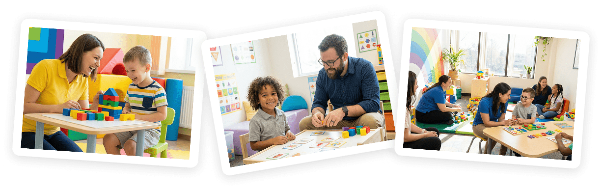 Three photos show adults and children engaging in educational activities with colorful blocks and cards in bright, cheerful classrooms. Each group is focused on hands-on learning together at tables.