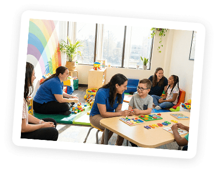 Children and adults are sitting together in a colorful classroom with educational toys and a rainbow mural. Two women interact with the children at tables and on the floor, engaging in learning activities.