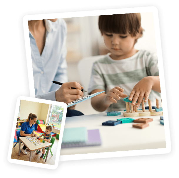 A child sits at a table playing with wooden blocks while an adult with a clipboard observes closely. In a smaller inset image, another adult interacts with the child during a similar activity.