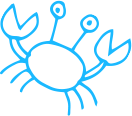 Simple blue line drawing of a cartoon crab with two large claws, six legs, and two eyes on stalks, all on a light background.