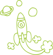 A simple green line drawing of a rocket ship flying through space with smoke trails, surrounded by planets and stars.