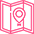 A pink icon of a folded map with a location pin marker in the center, symbolizing navigation or finding a place.