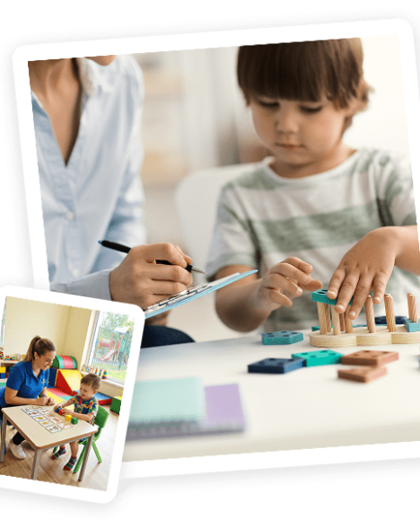 A child sits at a table playing with wooden blocks while an adult with a clipboard observes closely. In a smaller inset image, another adult interacts with the child during a similar activity.